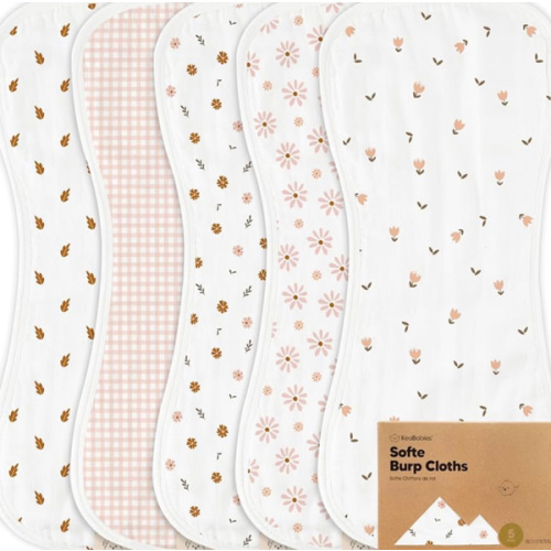 5-Pack Muslin Burp Cloths Baby Boy, Girl - Very Absorbent Baby Burp Cloth Rags, 8-Layers Viscose Derived from Bamboo Cotton Muslin Towel, Super Soft Spit Up Rags, No Shrink Washcloths (Petals)