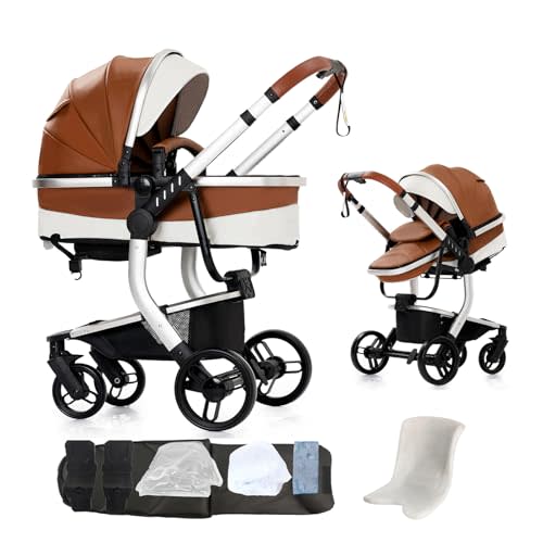 Veitoalioy PU Leather 2 in 1 Baby Stroller, One Click Folding Convertible Newborn Infant parm, Reclining Buggy That can be Pushed Forward and Backward, New Born Pushchair 0-36 Month (2US518-Khaki)