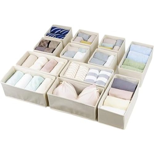 Set of 12 Drawer Organizer, Fabric Closet Organizer and Storage Baskets,Foldable Drawer Divider for Clothing,Sock,Ties,Underwear Drawer Organizers,Set of Cabinet Storage Boxes (Beige)