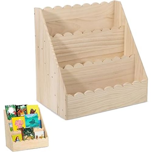 Bookcases Scalloped Book Shelf for Kids 3-Tier Wooden Bookshelf Montessori Style Display Shelf Durable Bookcase Book Organizer for Nursery, Room Bedroom, Playroom for 1-5 Years Toddler, 16.5” x 10.6”