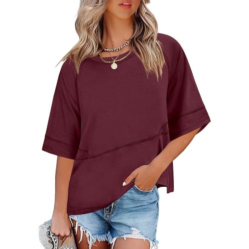 ANRABESS Womens Tops Crewneck Half Sleeve Loose Fit T Shirts Solid Cute Flowy Shirts Summer Casual Tees 2025 Trendy Outfits