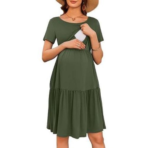 Ekouaer Nursing Dress Summer Short Sleeve Breastfeeding Casual Knee Length Maternity Dresses Army Green M