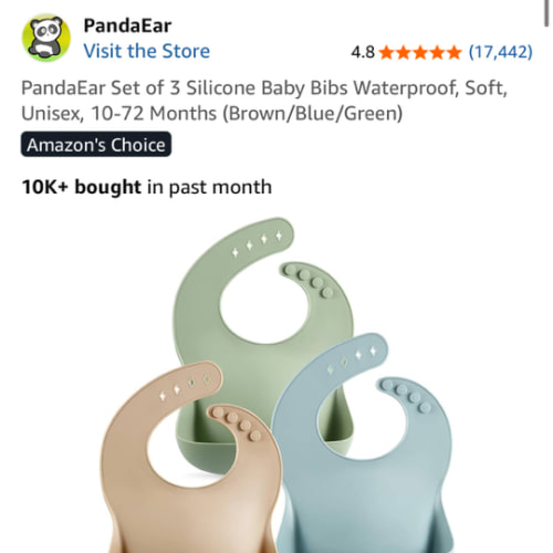 PandaEar Set of 3 Silicone Baby Bibs Waterproof, Soft, Unisex, 10-72 Months (Brown/Blue/Green)