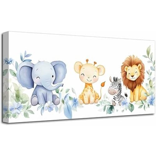 LZIMU Nursery Animal Canvas Wall Art Safari Woodland Pictures Prints Cute Elephant Lion Giraffe Zebra Baby Paintings Jungle Animal Poster Kids Boys Girls Room Decor (12L x 24W)