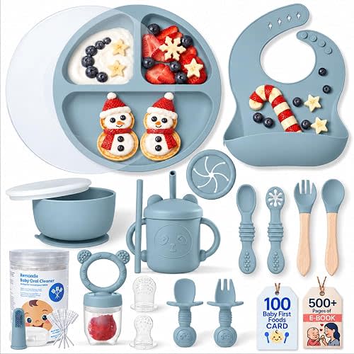 Remonda 23-Piece BPA-Free Silicone Baby Feeding Set | Extra Large Suction Plates, Toddler Bowls, Self Feeding Spoons, and More | Dishwasher Safe| Baby Led Weaning Supplies (Blue) A1