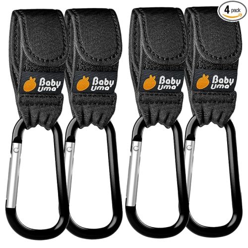 Baby Uma Stroller Hooks for Bags (4 Pack) - Non-Slip, One-Hand Use, 11 lb | This value 4-pack of universal carabiner clips has adjustable straps and 11 lb capacity per hook, great for busy parents.
