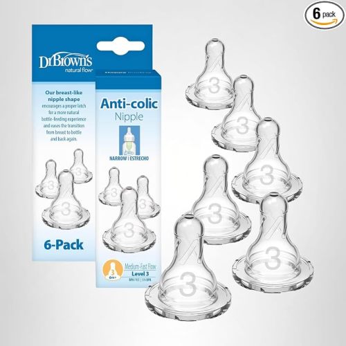 Dr. Brown's Natural Flow Level 3 Narrow Baby Bottle Nipple, Medium-Fast Flow, 6m+, 100% Silicone, 6 Count