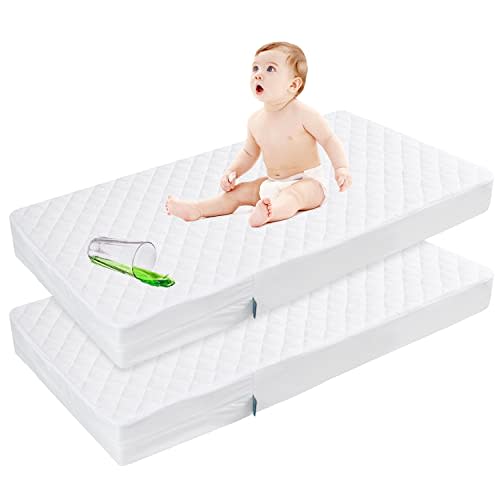Zippered Crib Mattress Protector Waterproof, 6-Sided Encasement, 2 Pack | White, Breathable Viscose Fabric, Absorbent Layer, Machine Washable, Fits Standard Crib Mattress