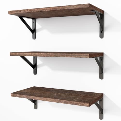 Fixwal Wall Floating Shelves for Home Decor (Brown, Set of 3, 16.5 Inch) | Wood Shelves, Natural Grain, 40Lb Capacity, Sturdy Triangle Brackets, Versatile for Any Room