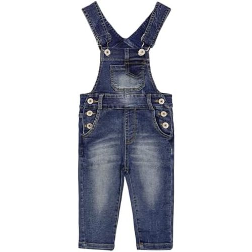 KIDSCOOL SPACE Baby Little Girls Denim Overalls, Washed Ripped Loose Fit Jeans Workwear