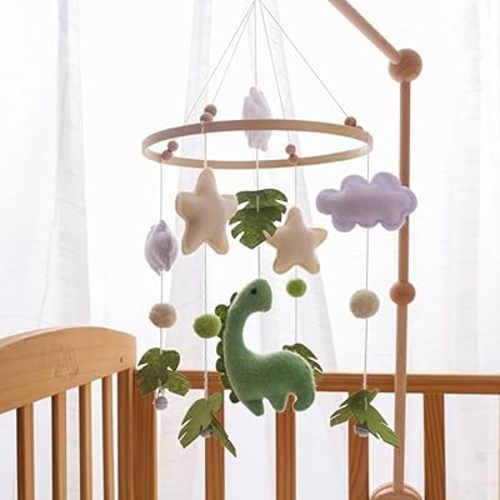 Baby Crib Mobile with Felt Dinosaur, Clouds and Leaves, Wooden Nursery Mobile for Baby Boys, Soothing Hanging Toy for Infant Crib, Perfect for Nursery and Bedroom Decor