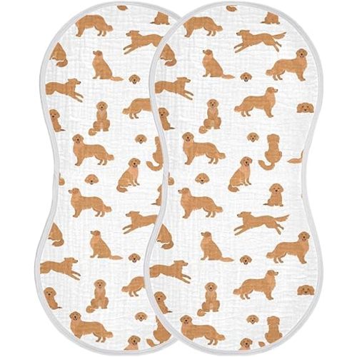 Muslin Burp Cloths for Baby Boys and Girls - 2-Pack Ultra Absorbent Golden Retriever Dogs Muslin Washcloths, Newborn Towel, Milk Spit Up Rags, Burp Cloth Bib for Unisex, 22 x 11 Inch