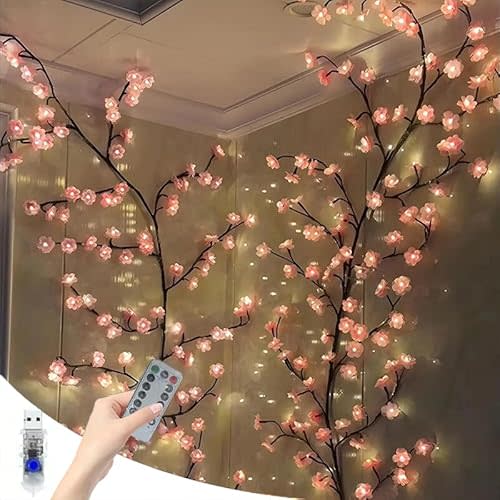 LED Tree Branch Lights for Wall 7.55 FT 144LEDs Cherry Blossom Lights Vine Light with Remote and 8 Lighting Modes Cherry Blossom Garland Willow Vine for Bedroom Indoor Wall Wedding Christmas Decor