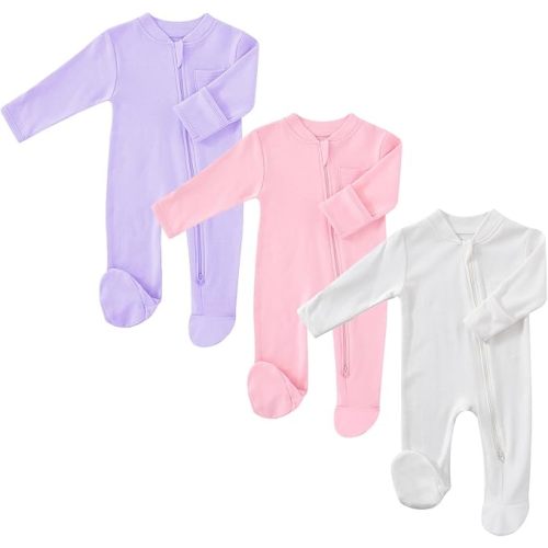 Baby 2 Way Zipper Pajamas Girls Boys 100% Cotton Footed Sleep and Play with Mitten Cuffs 0-12 Months