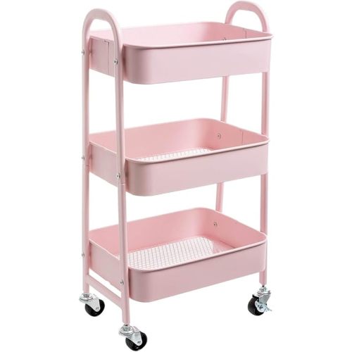 AGTEK Makeup Cart, Movable Rolling Organizer Cart, 3 Tier Metal Utility Cart Pink