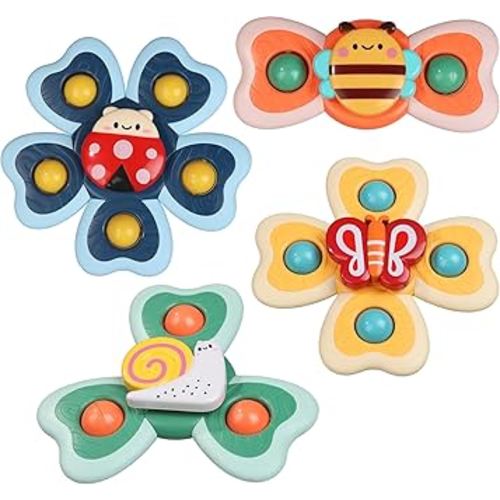 4Pcs Spinning Baby Bath Toys 12-18 Months, Suction Cup Spinner Toys for Baby, Silicone Spinners Sensory Toys for Toddlers 1-3, Airplane Car Travel Table & Window Toy for Infant