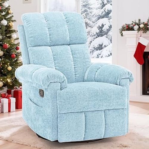 Recliner Chair, Swivel Rocker Recliner Chair for Adults, Small Recliners for Small Spaces, Manual Recliner with Side Pockets, Upholstered Nursery Rocking Chair for Living Room, Chenille, Blue
