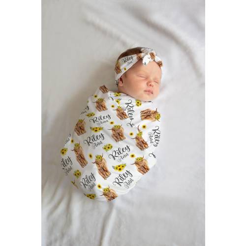 Girl Highland Cow Swaddle Blanket, Sunflower Cow Personalized Baby Blanket, Personalized Baby Blanket,Highland Cow Swaddle Set C19