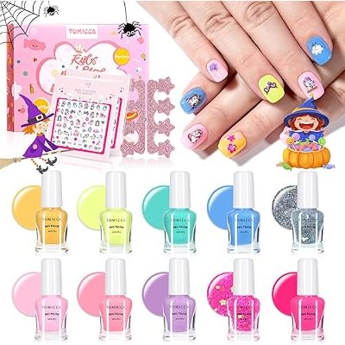 TOMICCA Kids Nail Polish Set, Non Toxic Quick Dry Water-Based Peel-Off 10 Colors Toddler Nail Polish Kit Natural Safe Quick Diy Kids Gifts Kit for Girls Ages 5+