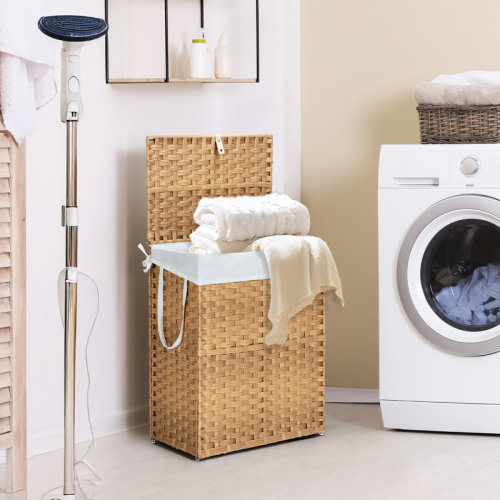Winston Porter Wicker Laundry Hamper with Lid, 90L/110L Storage Capacity Wicker Clothes Basket with Handle and Removeable Liner & Reviews | Wayfair