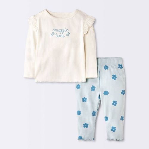 Baby Girls' 2pc Snuggle Time Floral Ruffle Long Sleeve T-Shirt and Leggings Set - Cloud Island™ Cream/Blue 3-6M