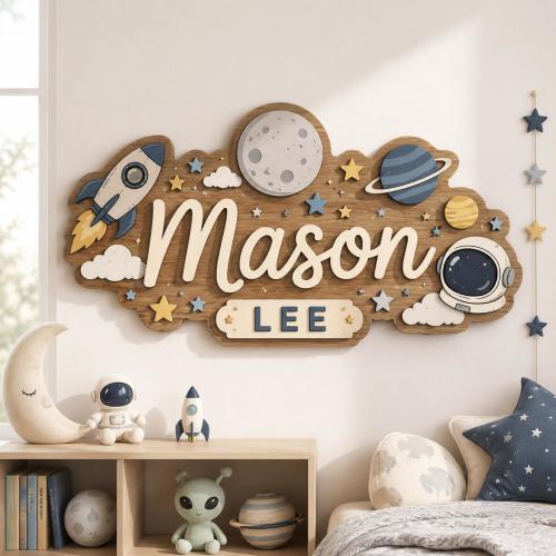 Personalized Space Name Sign with Initial, Wooden Nursery Wall Decor, Custom Baby Boy Name Plaque, Rocket Astronaut Room Decor, kid wall art