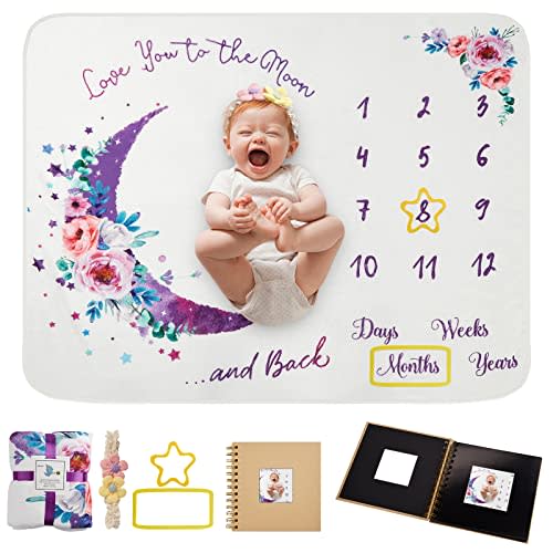 Baby Monthly Milestone Blanket,51"x40" Newborns Shower Gift for Baby Shower | with Photo Album & Headband, Thicker Extra Soft Plush Flannel Photo Prop Blanket for Boy&Girl,Newborn Unisex Blankets(Purple)