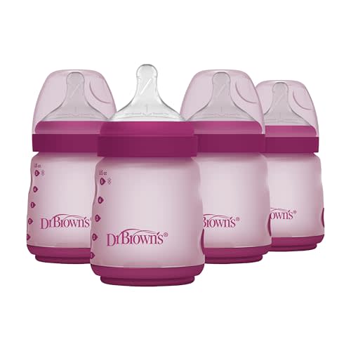 Dr. Brown's Silicone Baby Bottle with Collapsible Insert Designed to Reduce Colic, 5 oz with Wide-Neck Level 1 Slow Flow Nipple, 0m+, Pink, 4-Pack