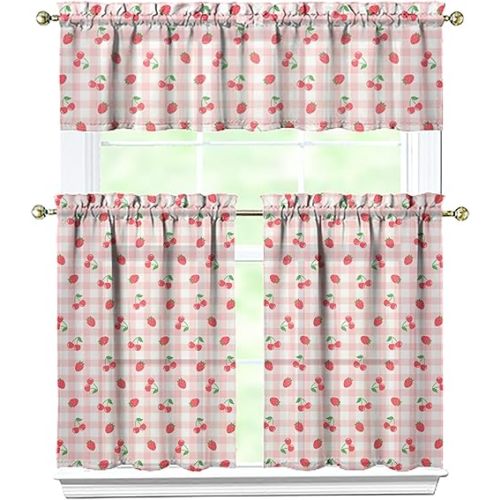 Strawberry Cherry Kitchen Curtains Valances and Tiers Set for Windows,Cute Bathroom Window Curtain Valance 3 Piece Sets,Kitchen Decor for Living Room,54"x 36"