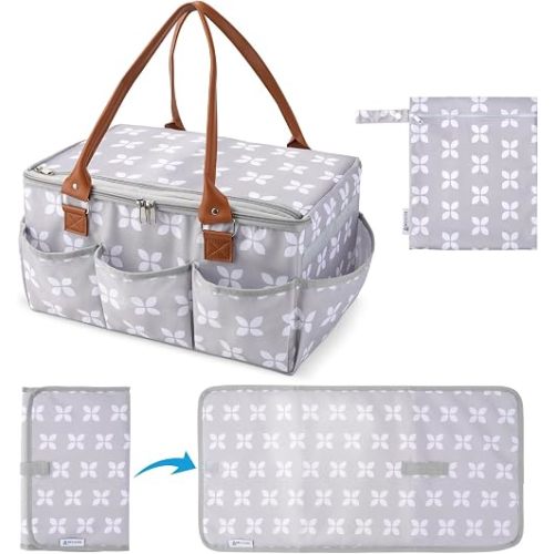 Diaper Caddy with Changing Mat, Large Baby Diaper Caddy Organizer with Lid, Portable Organizer Basket for Baby Essentials, Roll-Up Lid, Built-In Changing Mat Pocket