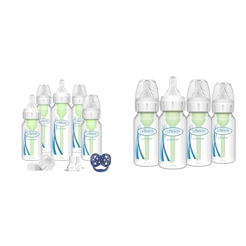 Dr. Brown's Natural Flow Anti-Colic Options+ Narrow Baby Bottle Gift Set with Advantage Pacifier, and Bottle Travel Caps & Dr. Brown’s Anti-Colic Options+ Baby Bottles, Narrow, 4 oz, 4pack