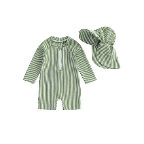 Loicainy Baby Toddler Boys Long Sleeve Swimwear 3 6 12 18 24 Months Summer Striped Prints Zipper Rash Guard Swimsuit and Hat Beachwear Bathing Suit