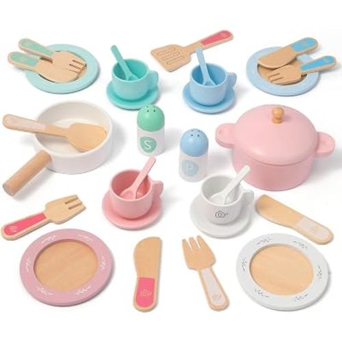 SimpliPlay Wooden Play Dishes for Kids Kitchen, Play Kitchen Accessories