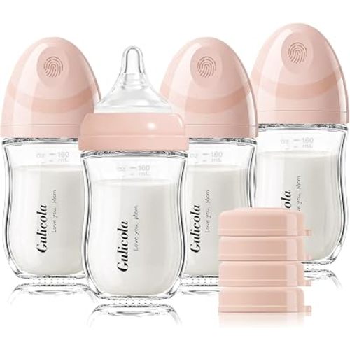 Gulicola Natural Glass Baby Bottle 4 Pack, Newborn Breastfeeding Bottles Set, Extra Slow Flow Nipples (SS), Anti Colic, 0 Months+, 5 oz - Pink