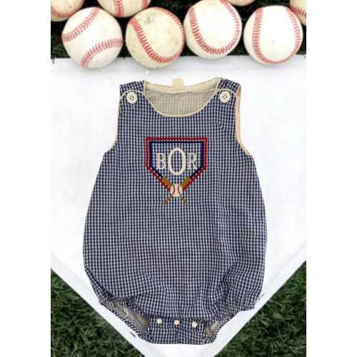 Monogram Embroidery Plaid Baseball Romper, Personalized Embroidered Baseball Boy Body Suit, Baseball Theme Outfit