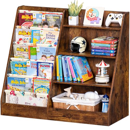Lerliuo 4 Tier Kids Bookshelf and Storage Organizer, Five Layer Sling Children Bookcase, Baby Toddler Wooden Book Shelf, Display Cabinet for Playroom, Bedroom, Classroom, Nursery, School (Brown)