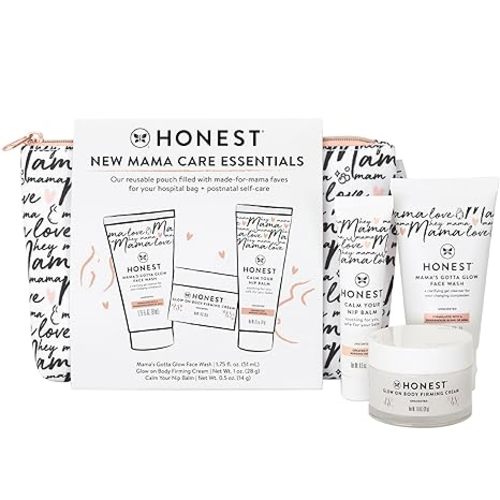 The Honest Company New Mama Care Essentials Gift Set, Hospital Bag Must Haves, Travel Size Nip Balm (0.5 oz) Glow On Body Cream (1 Gotta Face Wash (1.75 fl) with Reusable Pouch | Travel Size, Reusable Pouch