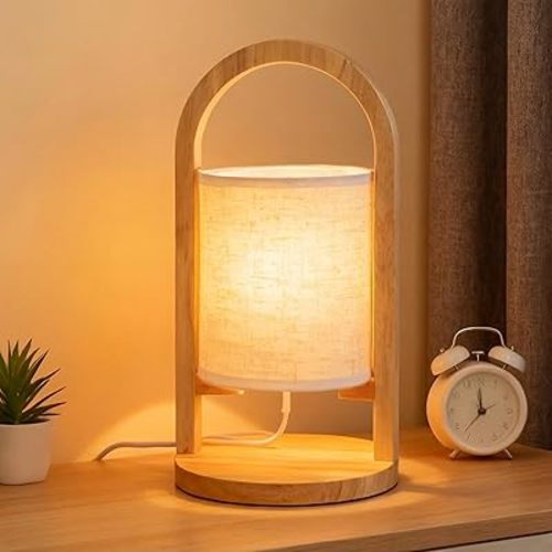 Small Bedside Table Lamp for Bedroom with Handle - 3 Color Temperatures, Wood Base Linen Fabric Shade, Small Bedside Lamp for Bedroom, Living Room, Desk, Office, Dorm Nightstand (LED Bulb Included)