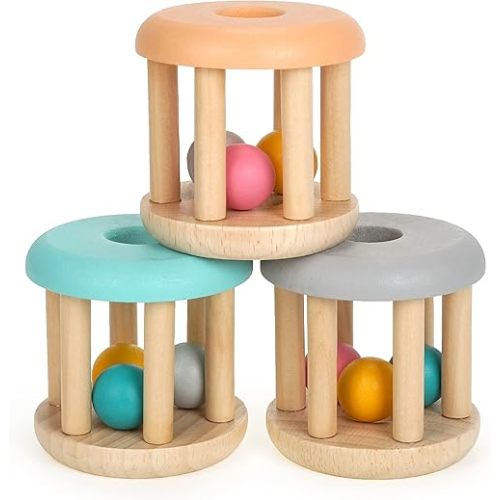 DUCKBOXX XX® Montessori Infant Educational Toys, Natural Wood Rolling Rattle Toy, Early Learning Toy for Developing Fine Motor Skills and Color Recognition, for Ages 0m–2yrs (Burlywood Base - 3pcs)