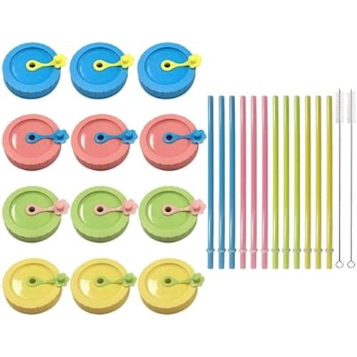 Mason Jar Lids,Regular mouth canning lids,Plastic Regular Mouth Mason Canning Lids with Straw Hole/Plastic Straws/Silicone Stoppers/Silicone Rings/Cleaning Brush,Decorative Mason Jars Caps (26 Pack)