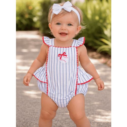 Ric Rac Ruffle Sunsuit, Baseball Stripe