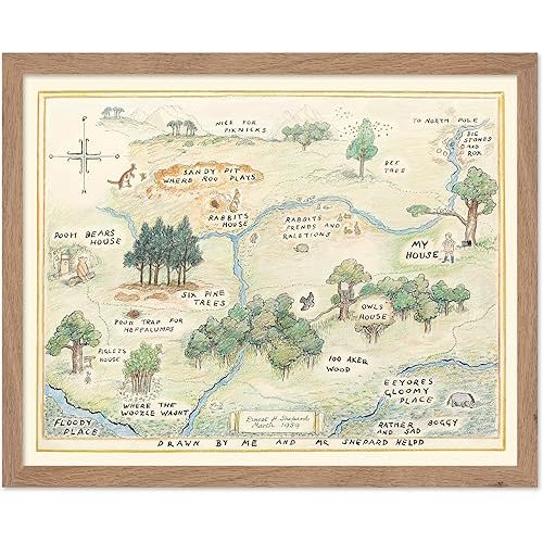 Monem Art Vintage Illustration Poster - Retro Landscape Print - Gift for Baby, Kid - 100 Acre Wood Map, Bear, Pig, Animal, Famous Cartoon - Wall Decor for Bedroom Nursery, 11x14 Beige Framed