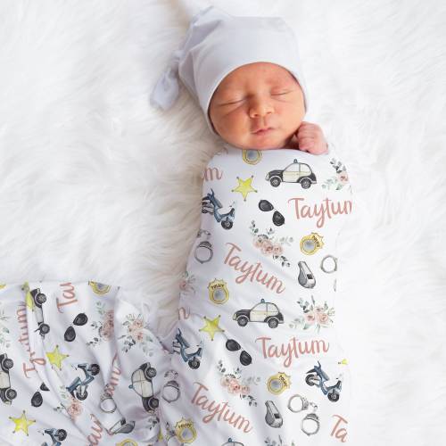 Custom Police Baby Girl Name Blanket, Personalized Police Officer Swaddle, Police Car Swaddle, New Mom Gift, Newborn Gift, Baby Shower Gift