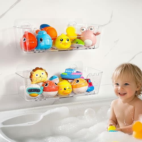 Bath Toy Storage Organizer 2 Pack, Bath Toy Holder with Drain Holes | Durable Plastic Bathtub Toy Storage for Bathroom, Quick-Dry Drainable Shower Caddy, Easy to Clean and Install