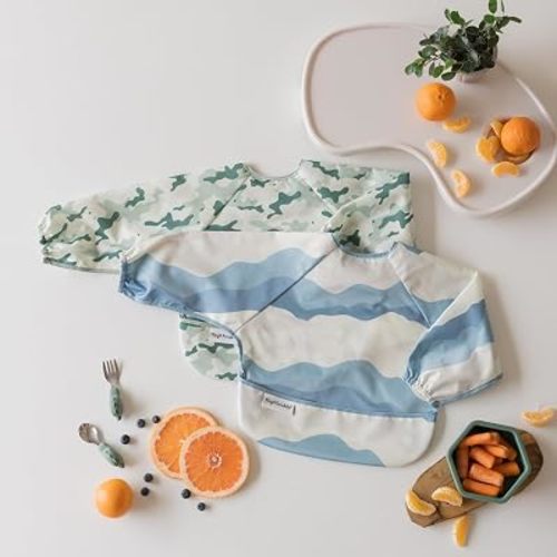 Tiny Twinkle Long Sleeve Bib for Babies&Toddlers|2-Pack Waterproof Smock Bib for Eating|Machine Washable&Mess-Proof Feeding Essentials|Newborn Shower Gift(Camo,Explorer,6-24M)