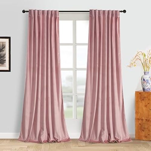 Roslynwood Luxury Soft Dusty Pink Velvet Curtains 90 inches Long Back Tab Thermal Insulated Blackout Window Drapes for Living Room/Bedroom/Dining Room, W52 x L90, 2 Panels