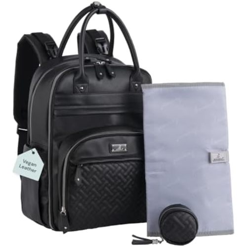 BabbleRoo Leather Diaper Bag Backpack - Baby Essentials Travel Baby Bag, Multi function, with Changing Pad, Stroller Straps & Pacifier Case – Unisex, Black