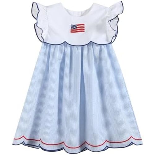 Lil cactus Girls Baby and Toddler Cotton Outfit - Smocked Flutter Dress & Romper, Patriotic Summer Outfit for Girls