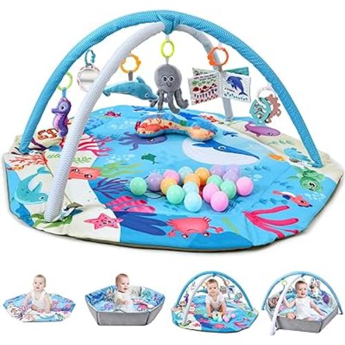 Baby Gym Play Mat, 8-in-1 Tummy Time Mat & Activity Gym, Washable Ball Pit, Infant Play Mat with Detachable Toys for Sensory Exploration and Motor Skill Development