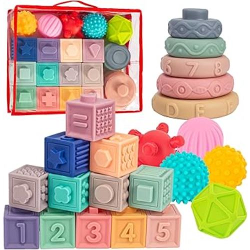 SpringFlower 3 in 1 Montessori Toys for Babies 0-3-6-12 Months, Soft Baby Teething, Stacking Building Blocks for Infants, Sensory Developmental Education Toys for Toddler Baby 12-18 Months,22 PCS
